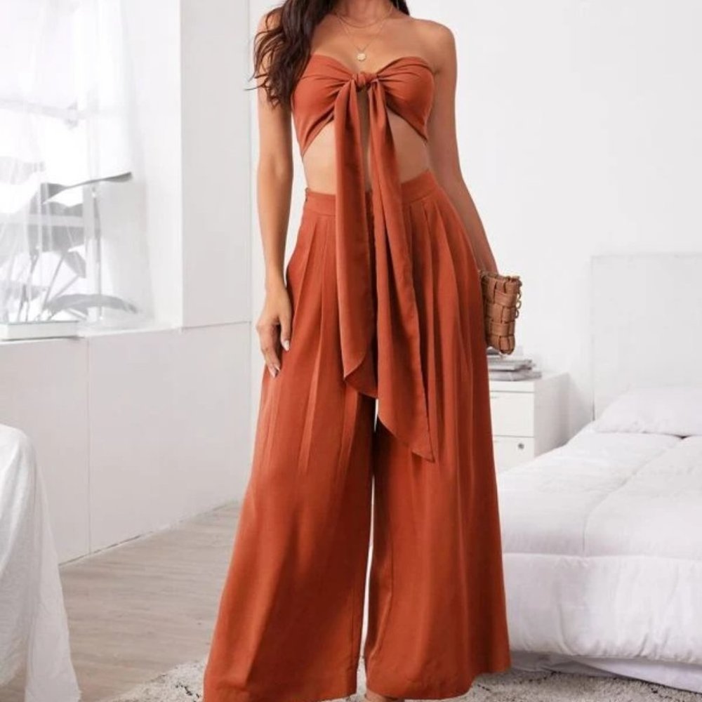 Boho 2 Piece Tie Front Tube Top & Pleated Wide Leg Pants Set  burnt orange - Picture 4 of 12